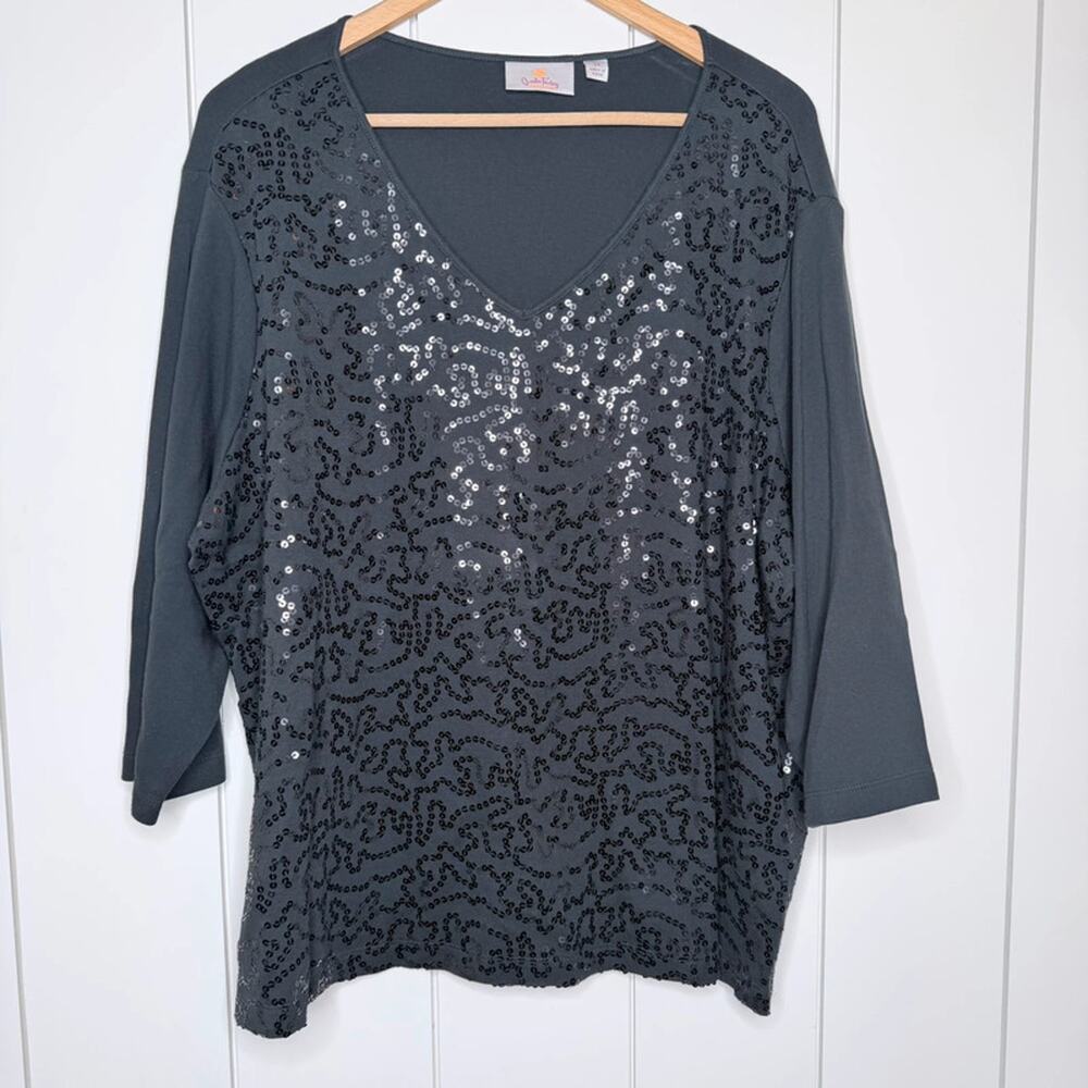 Quacker Factory Black Sequin V Neck Top 2X